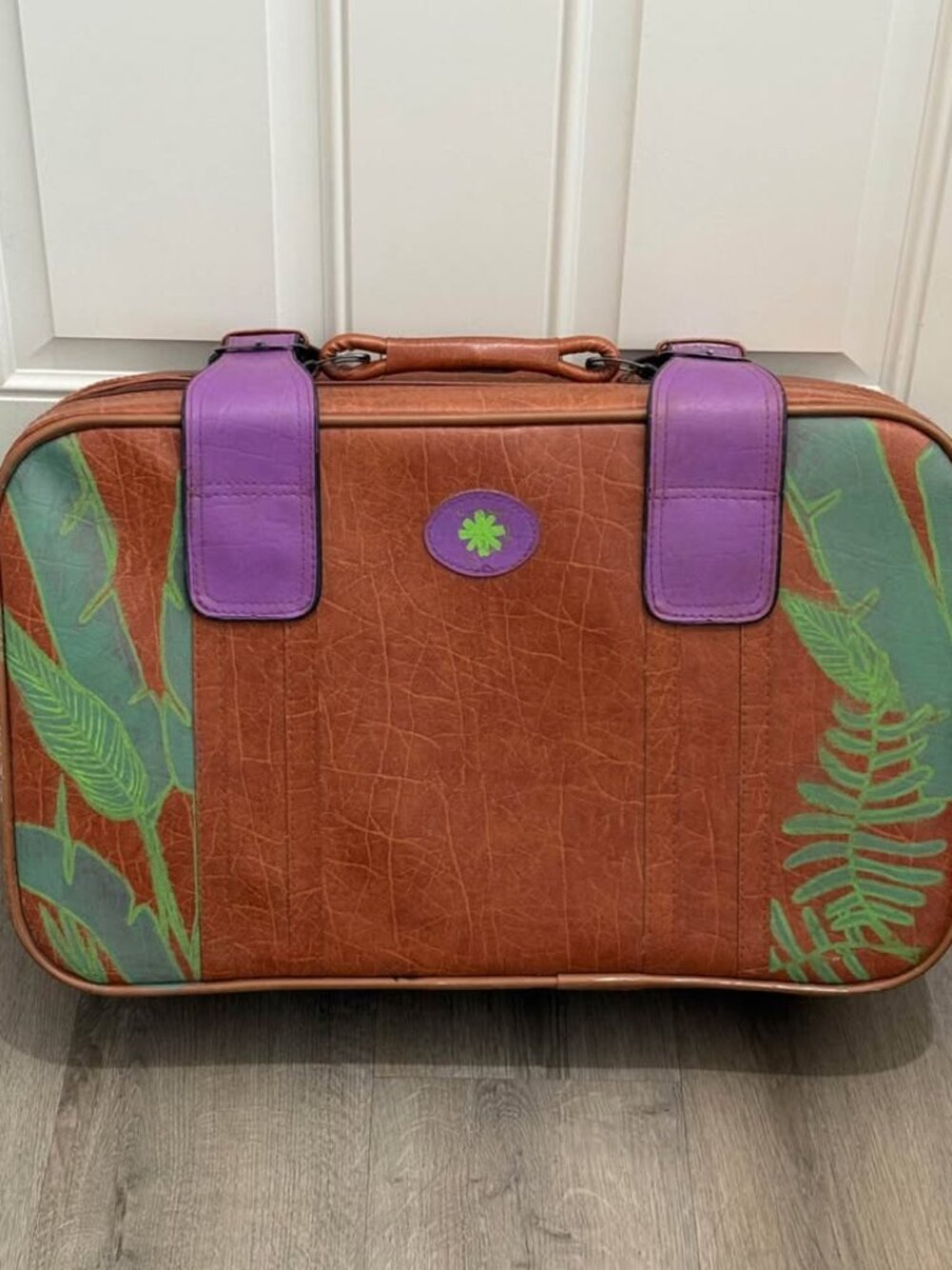 Vintage 70’s Brown Suitcase w/Purple Buckle Straps and Green Tropical Leaves